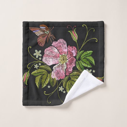 Elegant Floral Embroidery Pattern Black Background Bad Handdoek (Wasdoekje)