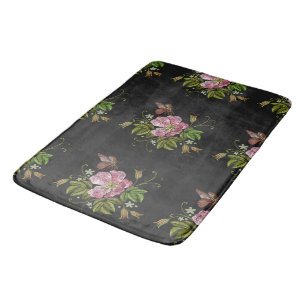 Elegant Floral Embroidery Pattern Black Background Badmat