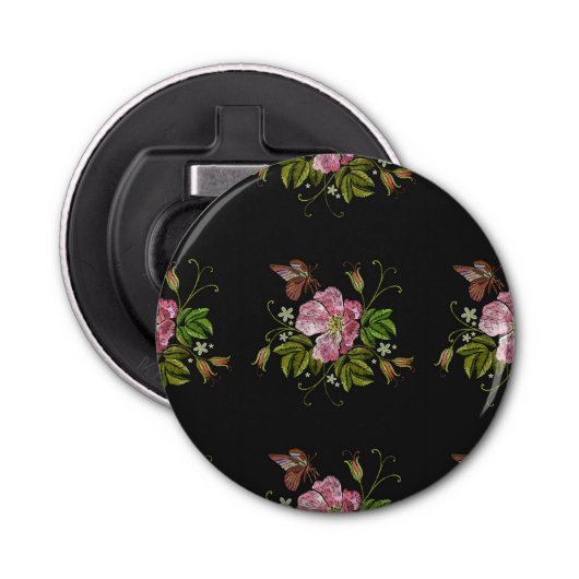 Elegant Floral Embroidery Pattern Black Background Button Flesopener (Voorkant)