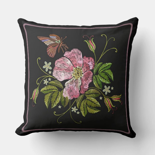 Elegant Floral Embroidery Pattern Black Background Kussen (Voorkant)