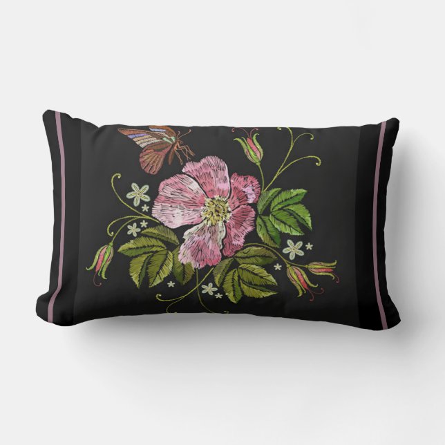 Elegant Floral Embroidery Pattern Black Background Kussen (Voorkant)