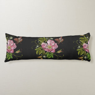 Elegant Floral Embroidery Pattern Black Background Lichaamskussen
