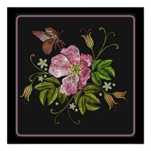 Elegant Floral Embroidery Pattern Black Background Perfect Poster