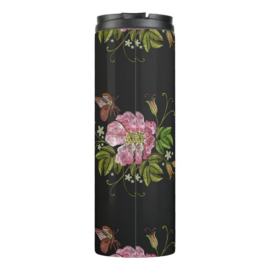 Elegant Floral Embroidery Pattern Black Background Thermosbeker (Achterkant)