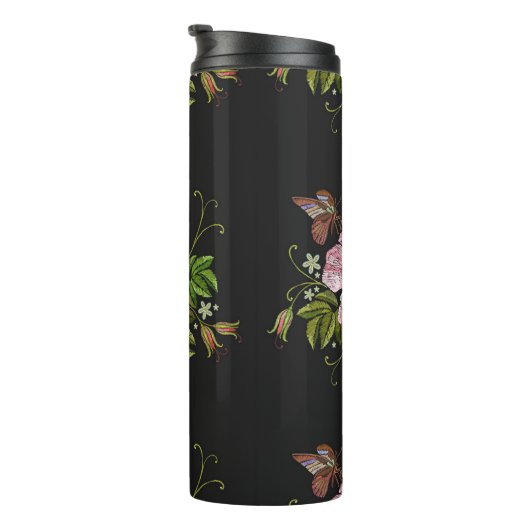 Elegant Floral Embroidery Pattern Black Background Thermosbeker (Geroteerd rechts)
