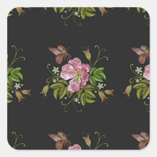 Elegant Floral Embroidery Pattern Black Background Vierkante Sticker