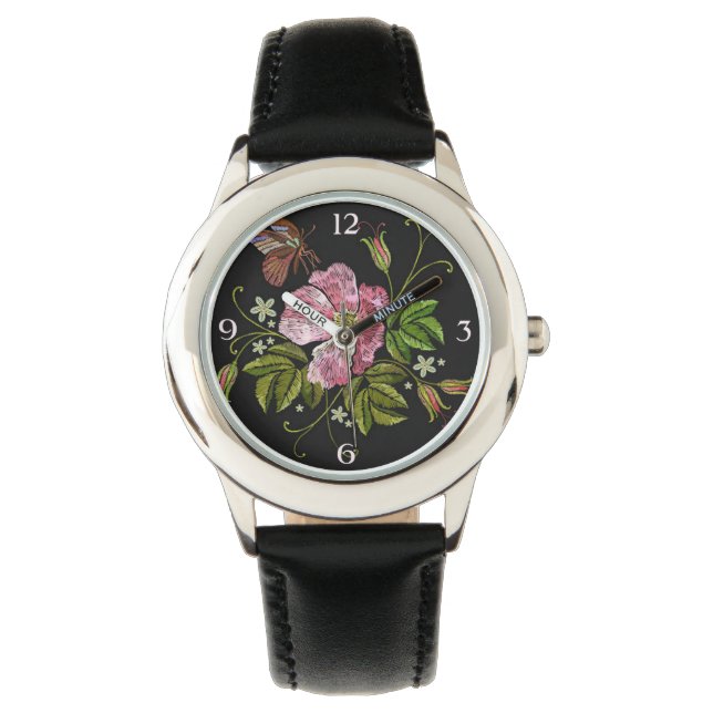 Elegant Floral Embroidery Pattern on Black Backgro Horloge (Voorkant)