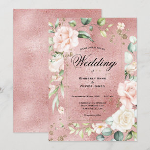 Elegant Floral Eucalyptus Pink Metallic Wedding Kaart