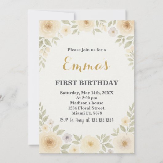 Elégant Floral First Birthday Invitation (Devant)