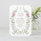 Élégant Floral First Holy Communion Invitation (Debout devant)