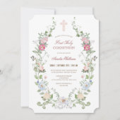 Élégant Floral First Holy Communion Invitation (Devant)