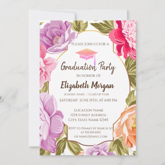 Elegant Floral, Glitter Graduation Cap Kaart (Voorkant)