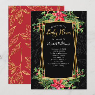 Elegant Floral Gold Black Baby shower met kerstmis Kaart