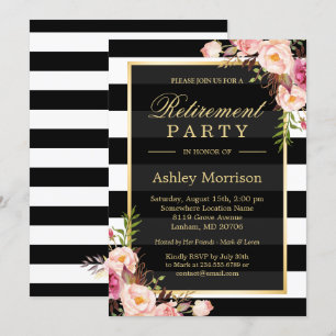 Elegant Floral Gold Black Stripes Retirement Party Kaart