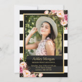 Elegant Floral Gold Black White Stripes Afstuderen Aankondiging (Voorkant)
