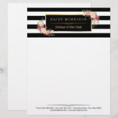 Elegant  Floral Gold Black White Stripes Persoonlijk Briefhoofd (Voorkant / Achterkant)