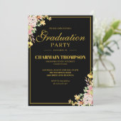 Elegant Floral Gold Border Formal Black Afstuderen Kaart (Staand voorkant)