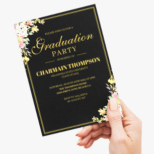 Elegant Floral Gold Border Formal Black Afstuderen Kaart