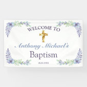 Elegant Floral Gold Cross Baby Baptisme Welkom Spandoek (Horizontaal)