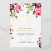 Elégant Floral Gold Cross Baptism Foil Invitation (Recto)