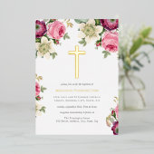 Elégant Floral Gold Cross Baptism Foil Invitation (Debout devant)