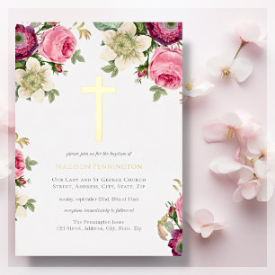 Elegant Floral Gold Cross Baptism Folie Uitnodigin Uitnodiging