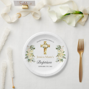 Elegant Floral Gold Cross Baptisme Hartelijk dank Papieren Bordje