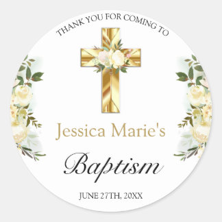 Elegant Floral Gold Cross Baptisme Hartelijk dank Ronde Sticker