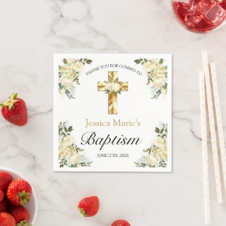 Elegant Floral Gold Cross Baptisme Hartelijk dank Servet