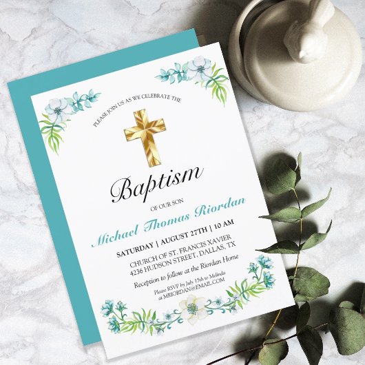 Elégant Floral Gold Cross Boy Baptism Invitation