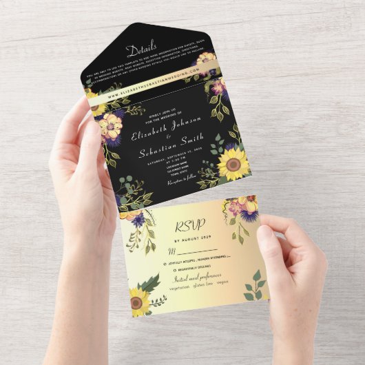 Elegant Floral Gold en Black Wedding All In One Uitnodiging (Afscheurbaar)