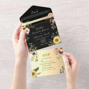 Elegant Floral Gold en Black Wedding All In One Uitnodiging