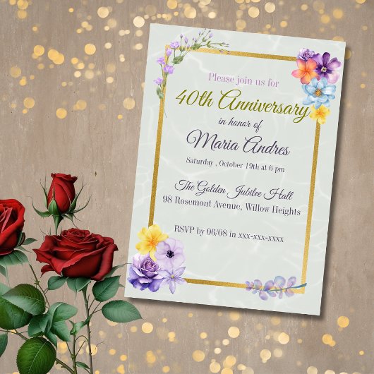 Elegant Floral Gold Frame 40th Birthday Invitation