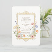 Elegant Floral Gold Frame Wedding Invitation (Debout devant)