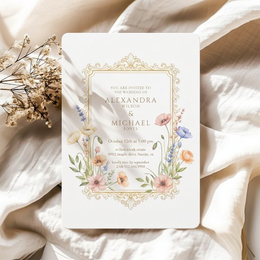 Elegant Floral Gold Frame Wedding Invitation Kaart