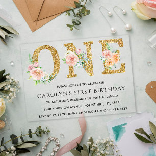 Elegant Floral Gold Glitter ONE 1e verjaardag Acryl Uitnodigingen