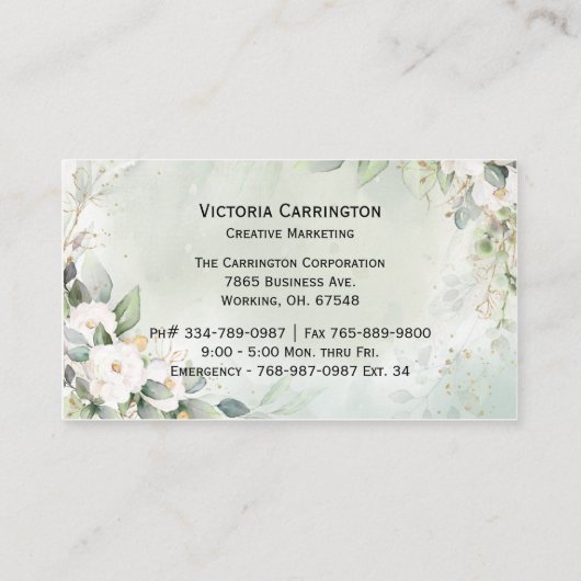 Elegant Floral Gold Green Script Professional Visitekaartje (Achterkant)