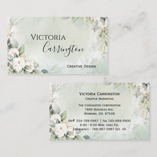 Elegant Floral Gold Green Script Professional Visitekaartje (Voorkant / Achterkant)