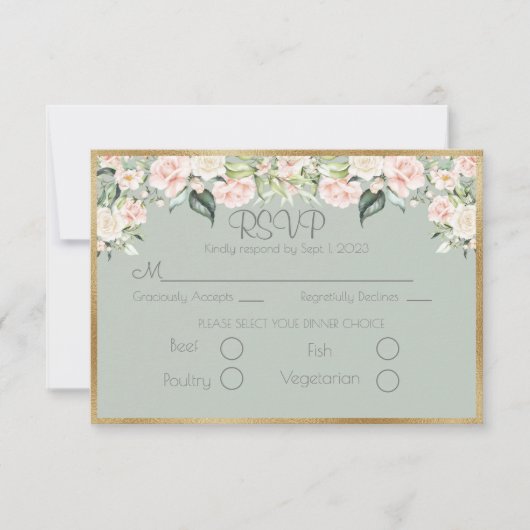 Elégant Floral Gold Green Script Wedding RSVP (Devant)