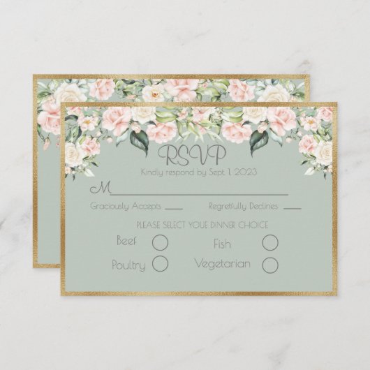 Elégant Floral Gold Green Script Wedding RSVP (Devant / Derrière)