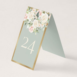 Elegant Floral Gold Green Wedding Table Number Kaart