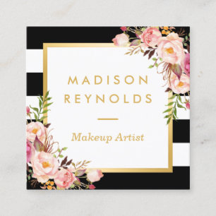 Elegant Floral Gold Lijst Black White Stripes Vierkante Visitekaartje