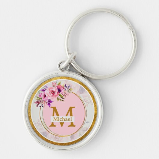 Elegant Floral Gold Monogram | Name & Initial Sleutelhanger (Voorkant)
