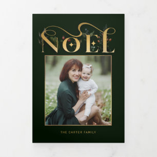 Elegant Floral Gold Noel Typografie Foto Drieluik Kaart