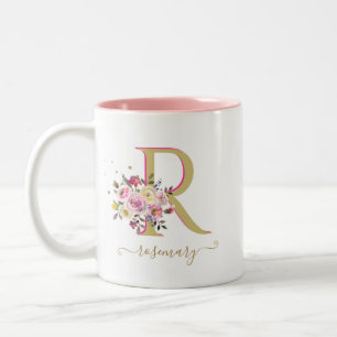 Elegant Floral Gold Roze je monogram Tweekleurige Koffiemok