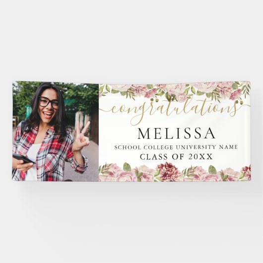 Elegant Floral Gold Script Photo Afstuderen Spandoek (Horizontaal)