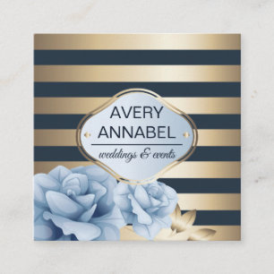 Elegant Floral Gold Stripes om middernacht blauw Vierkante Visitekaartje