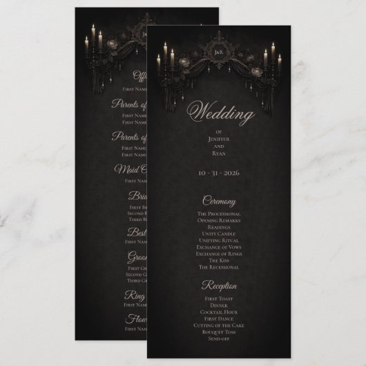 Elegant floral Gothic Halloween Wedding Program Menu (Voorkant / Achterkant)