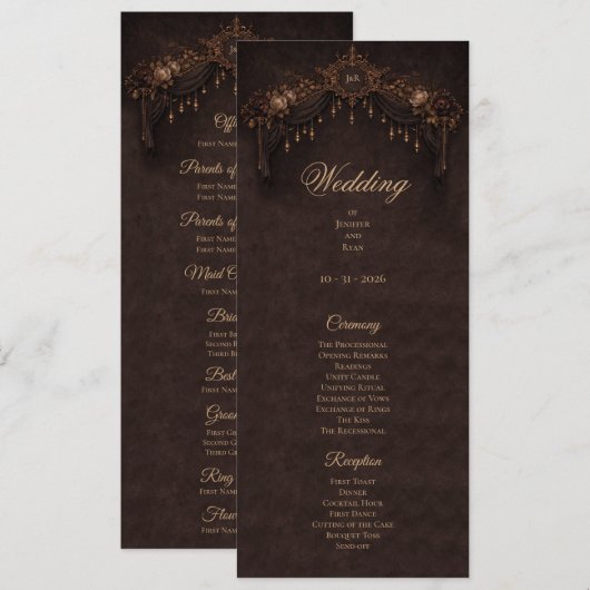 Elegant floral Gothic Halloween Wedding Program Menu (Voorkant / Achterkant)