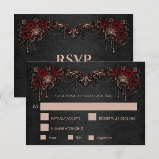 Elegant floral gothic Wedding RSVP Card (Devant / Derrière)